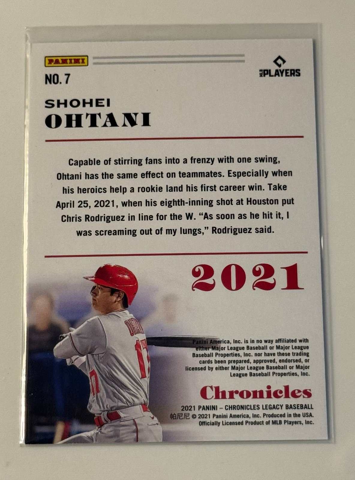 2021 Panini Chronicles Shohei Ohtani MLB Angels Dodgers baseball card back view