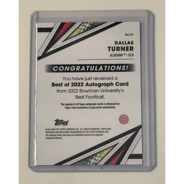 Dallas Turner RC Auto 2022-23 Bowman's Best University football card with authentic autograph and Alabama Crimson Tide design