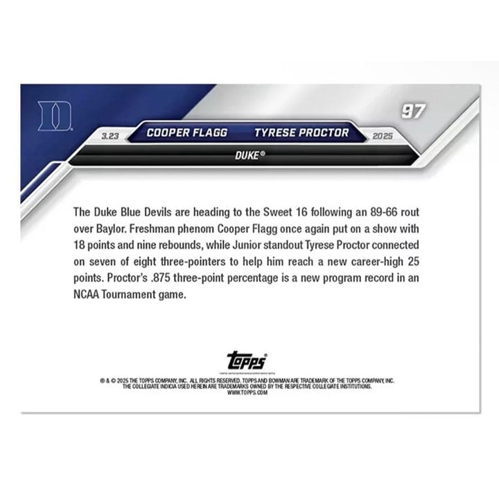 2024-25 Bowman U Cooper Flagg Tyrese Proctor Duke University Rookie Basketball Card