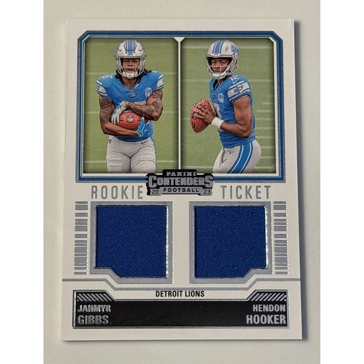 2023 Panini Contenders Rookie Ticket Dual Swatches card featuring Jahmyr Gibbs and Hendon Hooker with Detroit Lions patches
