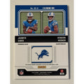 2023 Panini Contenders rookie ticket card featuring Jahmyr Gibbs and Hendon Hooker with Detroit Lions memorabilia swatches