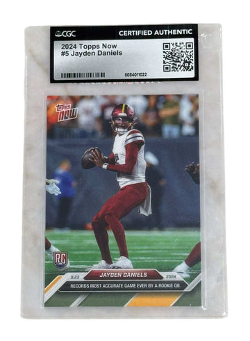 Jayden Daniels 2024 Topps Now Rookie CGC certified football card showing record-setting accurate game performance