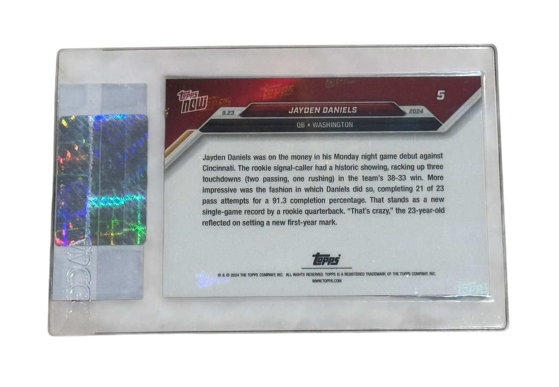 Jayden Daniels 2024 Topps Now Rookie CGC certified football card showing record-setting accurate game performance