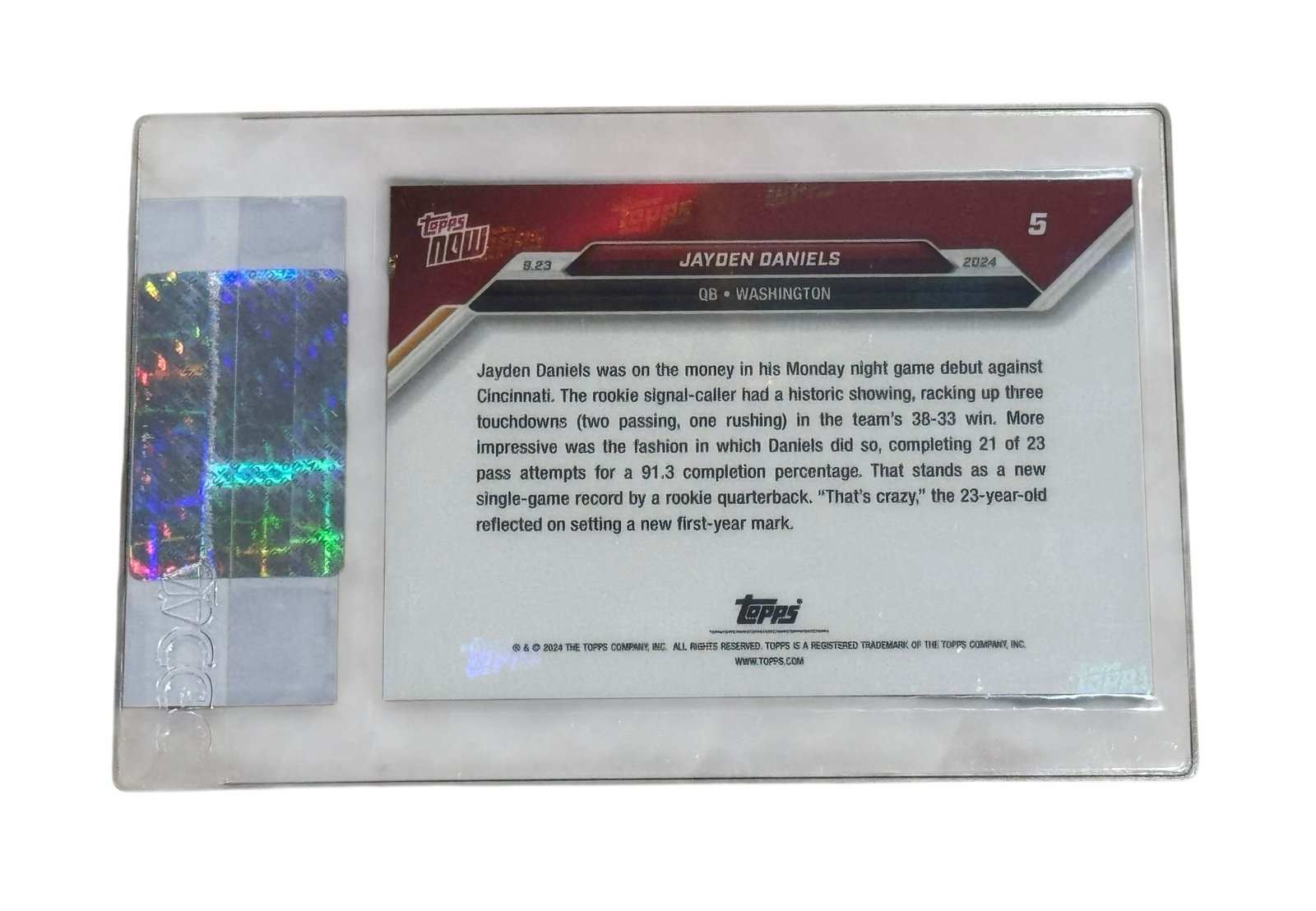 Jayden Daniels 2024 Topps Now Rookie CGC certified authentic card highlighting record-setting accuracy