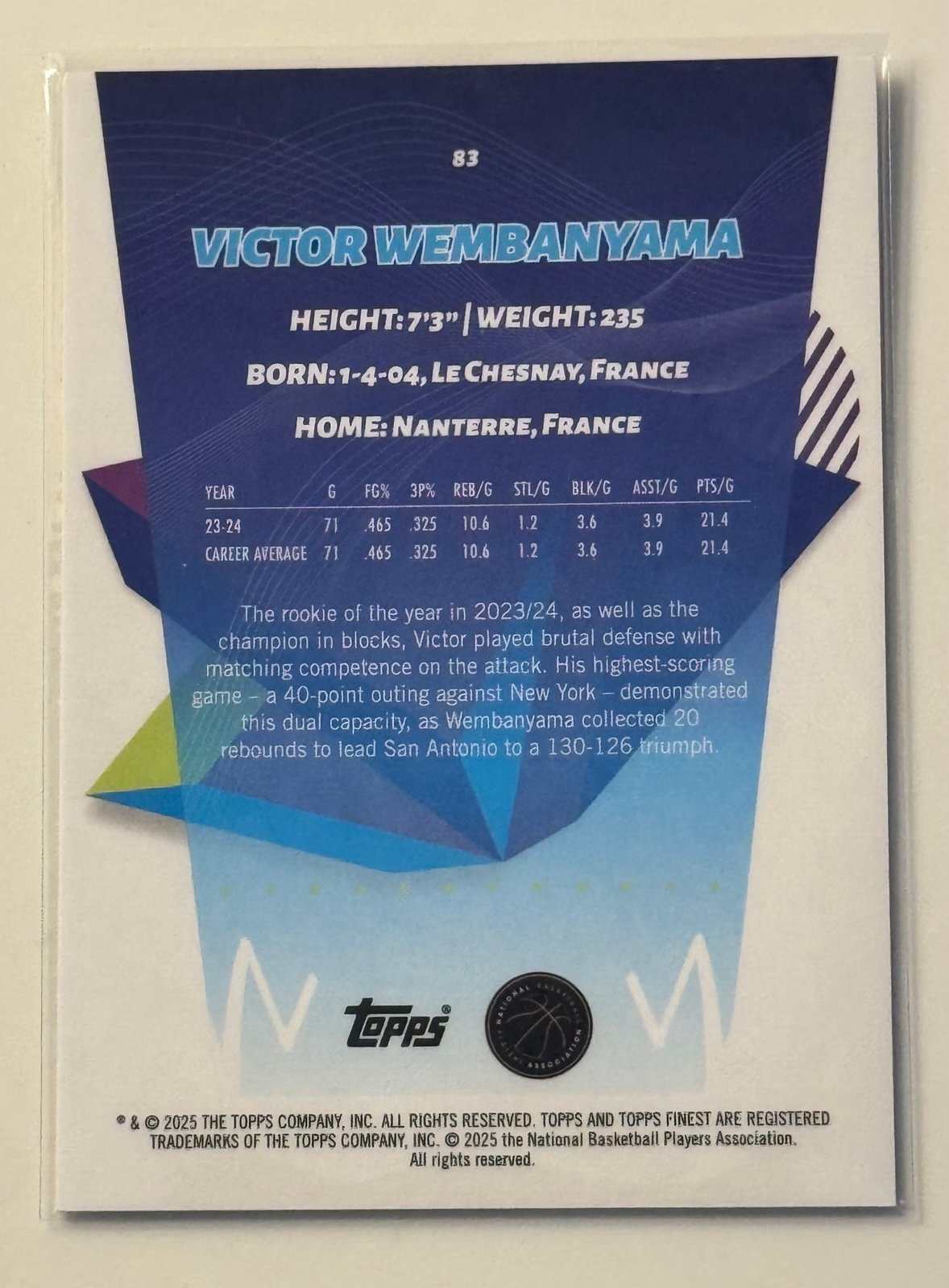 2025 Topps Finest Victor Wembanyama Spurs rookie card back with player stats and bio