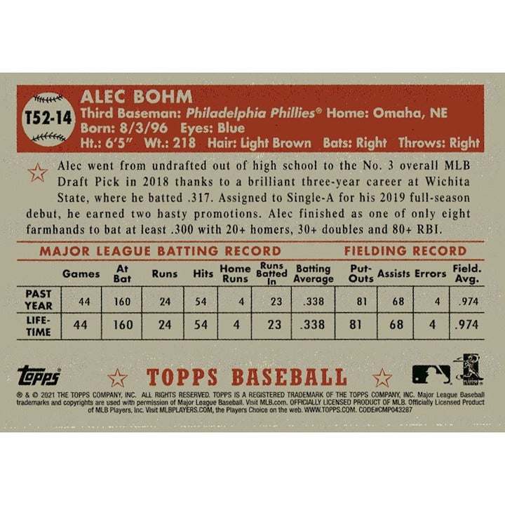 2021 Topps Heritage Alec Bohm MLB Phillies baseball card with classic 1952 Topps Redux design