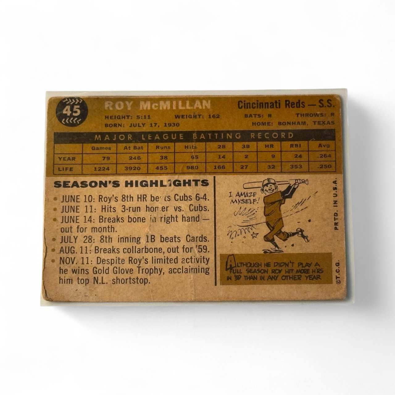 1960 Topps Roy McMillan Cincinnati Reds shortstop vintage baseball card back with stats and highlights