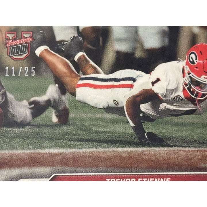2024 Bowman U Now Football card featuring Trevor Etienne scoring 3 touchdowns for Georgia Bulldogs, limited edition 11/25