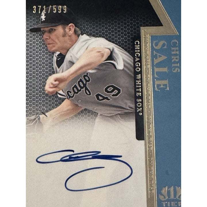 2011 Topps Tier One Chris Sale On The Rise Autograph baseball card numbered 371/599 with White Sox pitcher signature