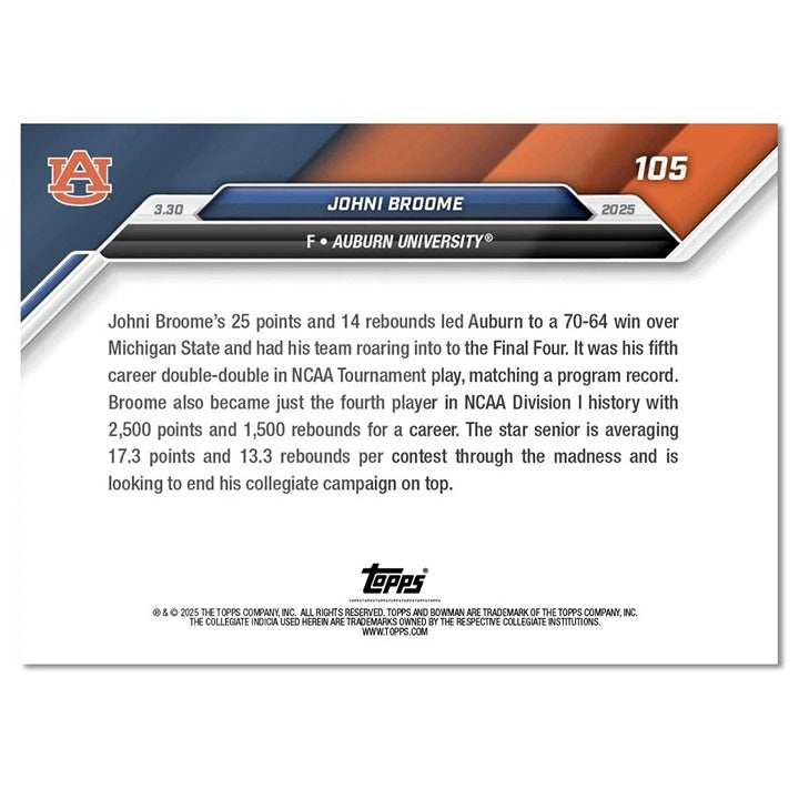 Johni Broome Auburn Final 4 2024-25 Bowman U NOW Basketball Card #105 back design with player stats and team colors