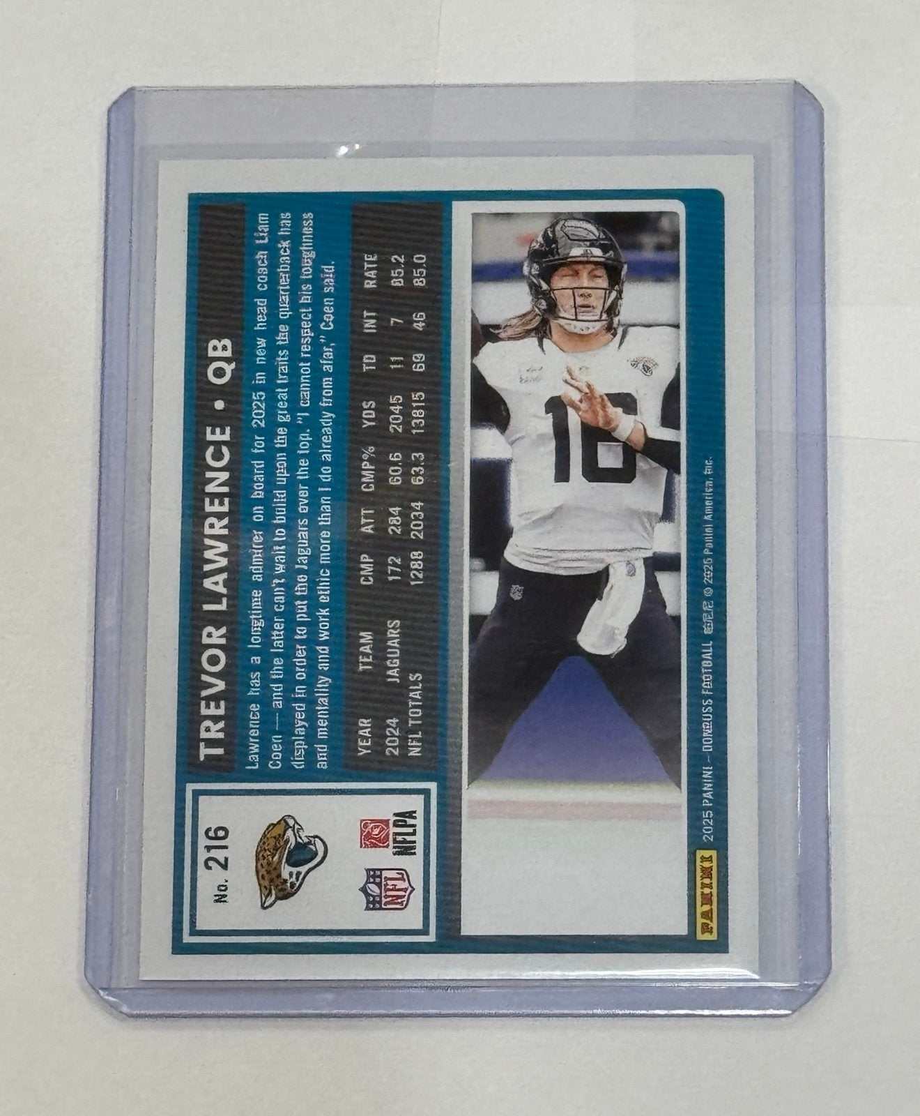 Trevor Lawrence 2025 Donruss NFL Jacksonville Jaguars QB card #216 in protective case