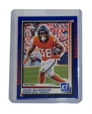 Jaleel McLaughlin 2025 Donruss Denver Broncos RB Press Proof football card #151 in protective sleeve