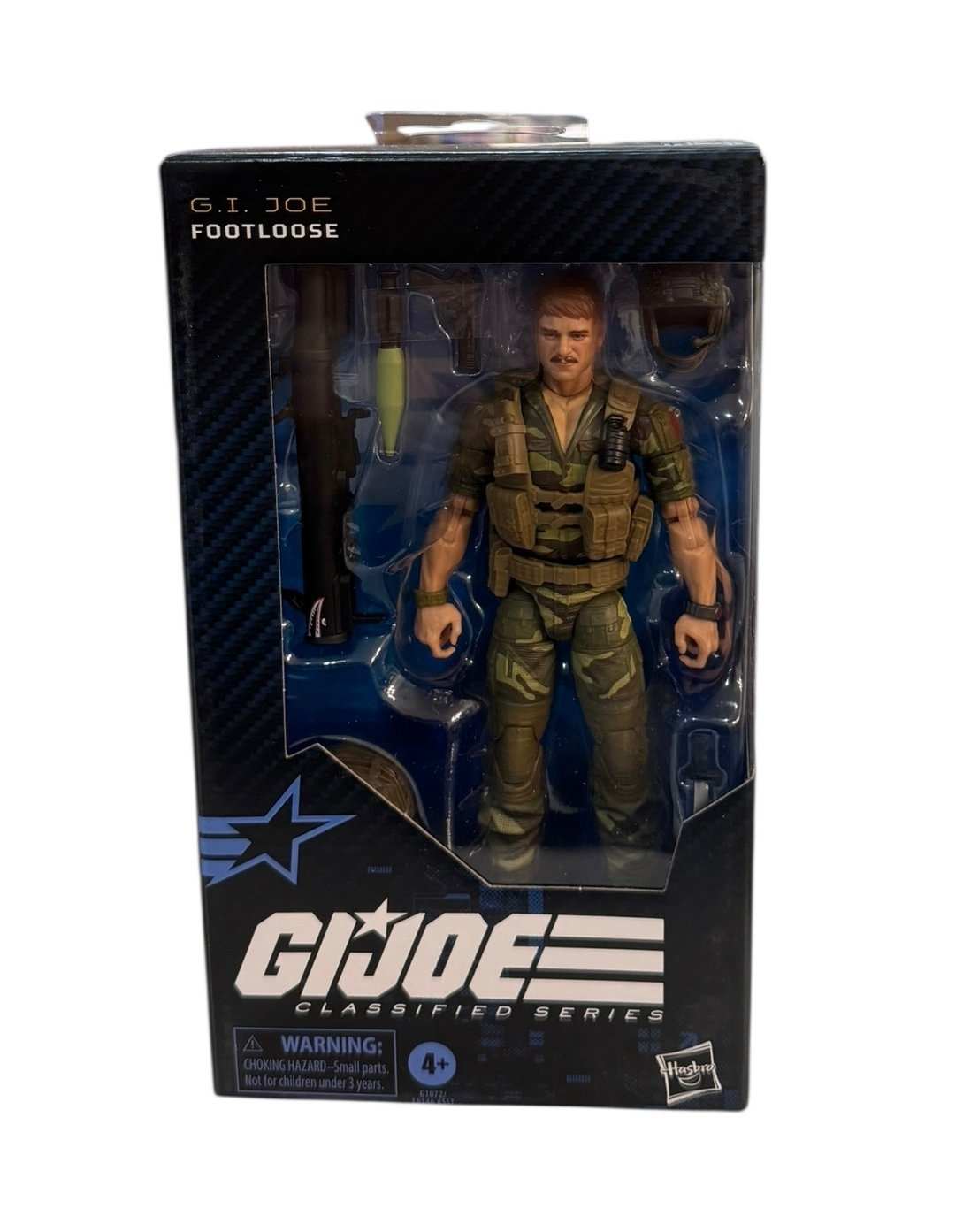 New-sealed G.I. Joe Classified Series Footloose figure with helmet, rifle, and detailed military gear in collectible packaging