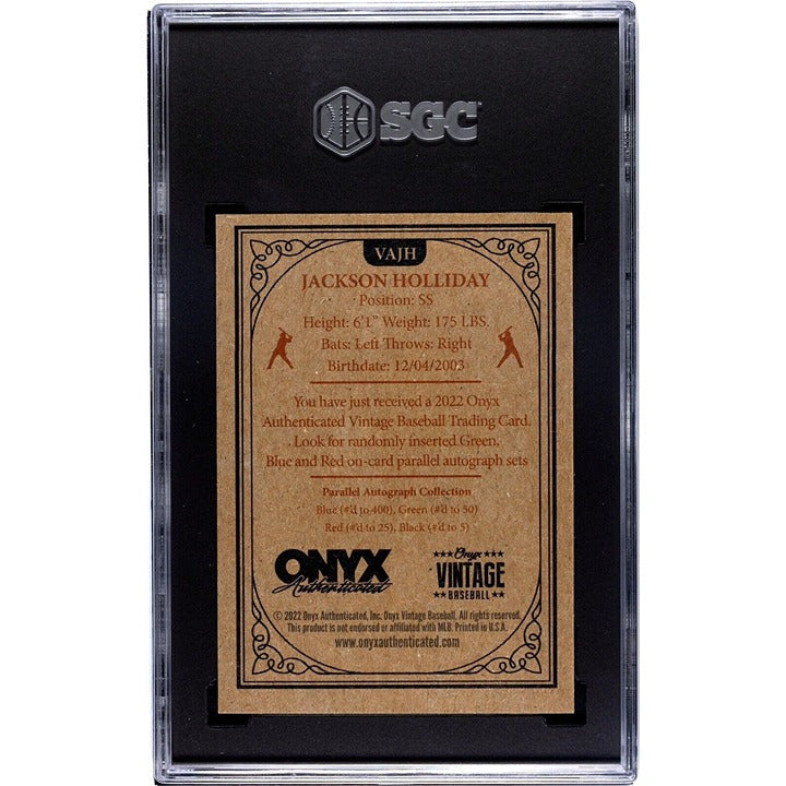 Jackson Holliday autographed baseball card graded SGC 8.5 with green ink from 2023 Onyx Vintage set