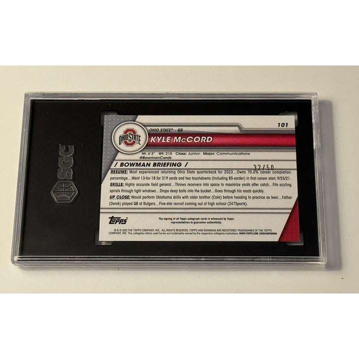 2023 Kyle McCord Gold Refractor autograph football card graded 9.5, limited 32/50, Ohio State rookie