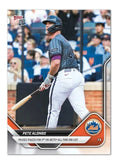 Pete Alonso 2025 Topps NOW MLB card showing him batting with Mets logo celebrating 3rd all-time Mets RBI