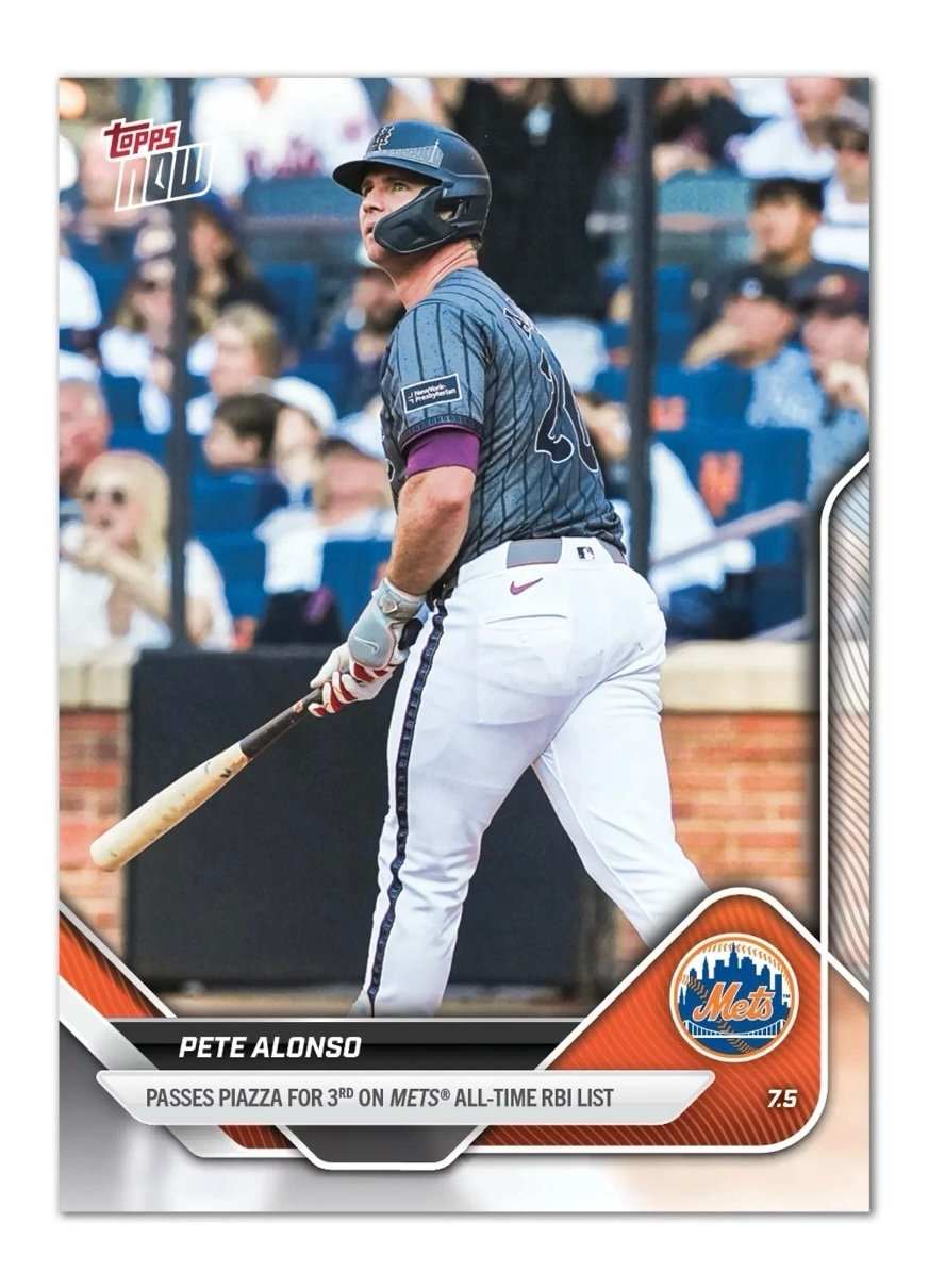 Pete Alonso 2025 Topps NOW MLB card showing him batting with Mets logo celebrating 3rd all-time Mets RBI