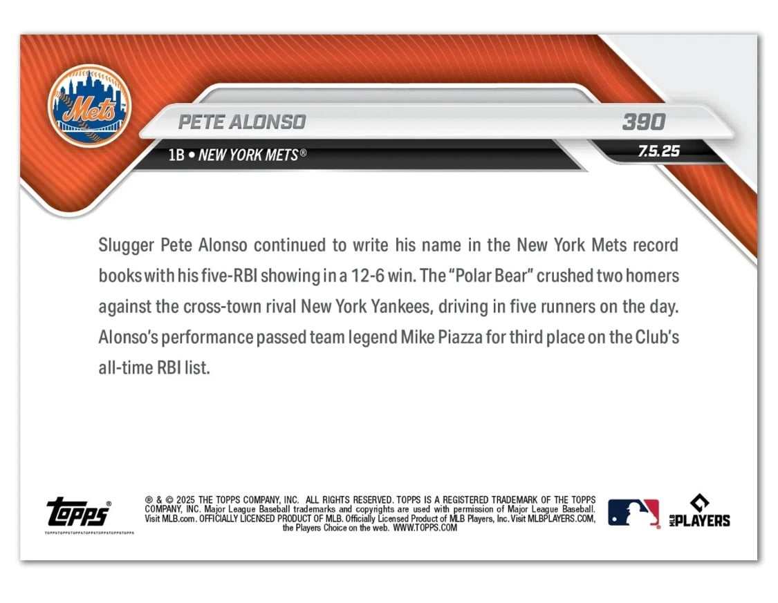 Pete Alonso 2025 MLB Topps NOW Mets RBI record card 390
