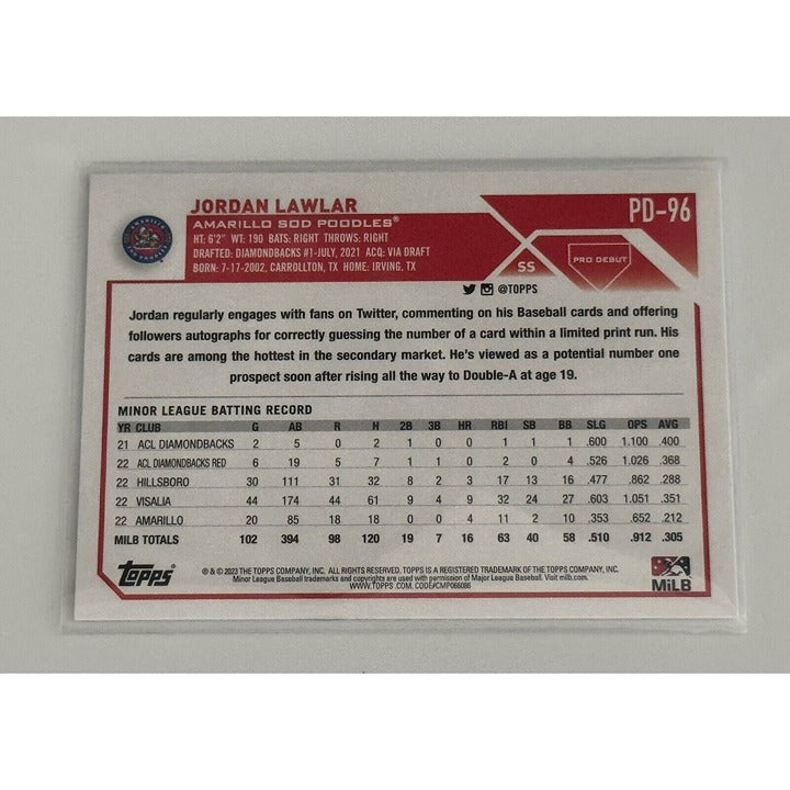 Jordan Lawlar RC 2023 MLB Topps Pro Debut Card PD-96 Arizona Diamondbacks back view in protective sleeve