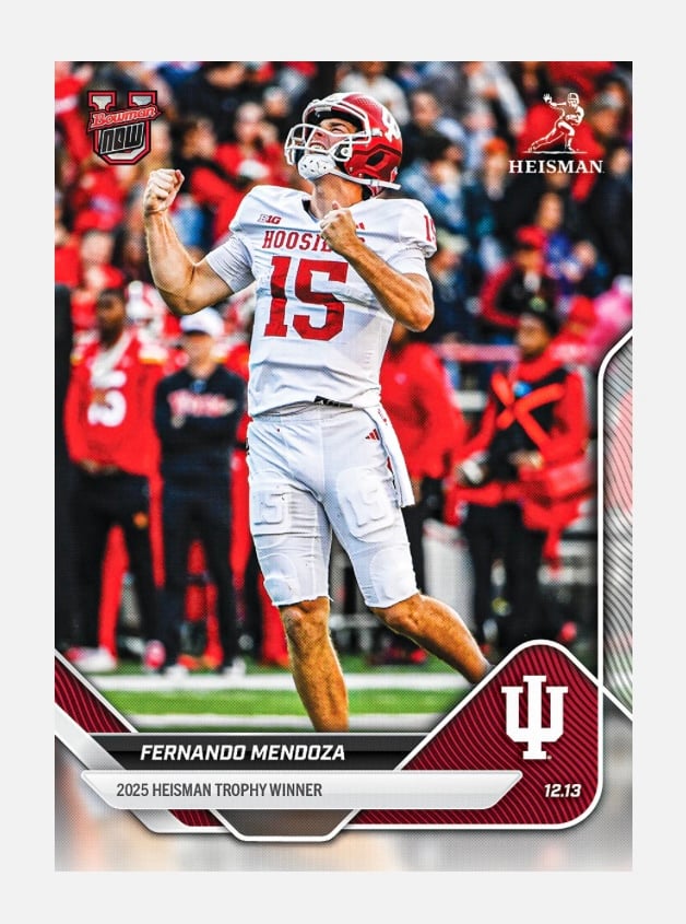 Fernando Mendoza 2025 Bowman U NOW Heisman Trophy winner football card Indiana QB celebration