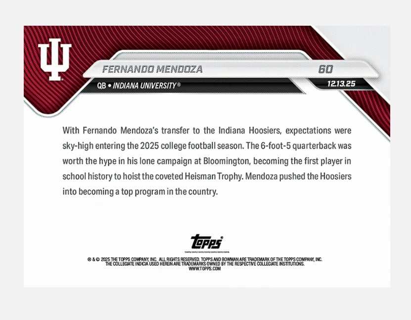 Fernando Mendoza 2025 Bowman U NOW Heisman Trophy winner Indiana QB collectible card