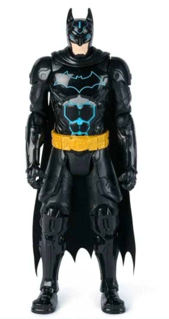DC Comics Batman 12-inch tech armor action figure with glowing blue accents and cape by Mattel 2023
