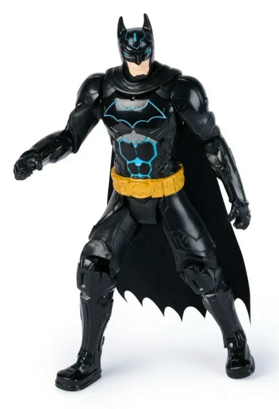 DC Comics Batman Tech Armor 12-inch action figure with glowing blue accents and cape by Mattel 2023