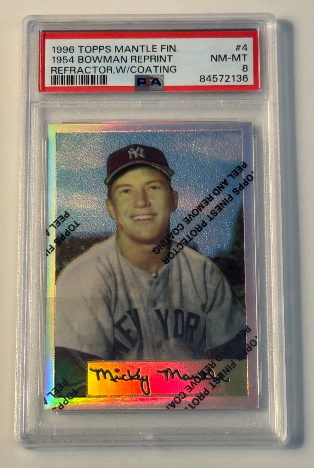 1996 Topps Finest Mickey Mantle 1954 Bowman Reprint Refractor, Graded PSA 8 NM‑M