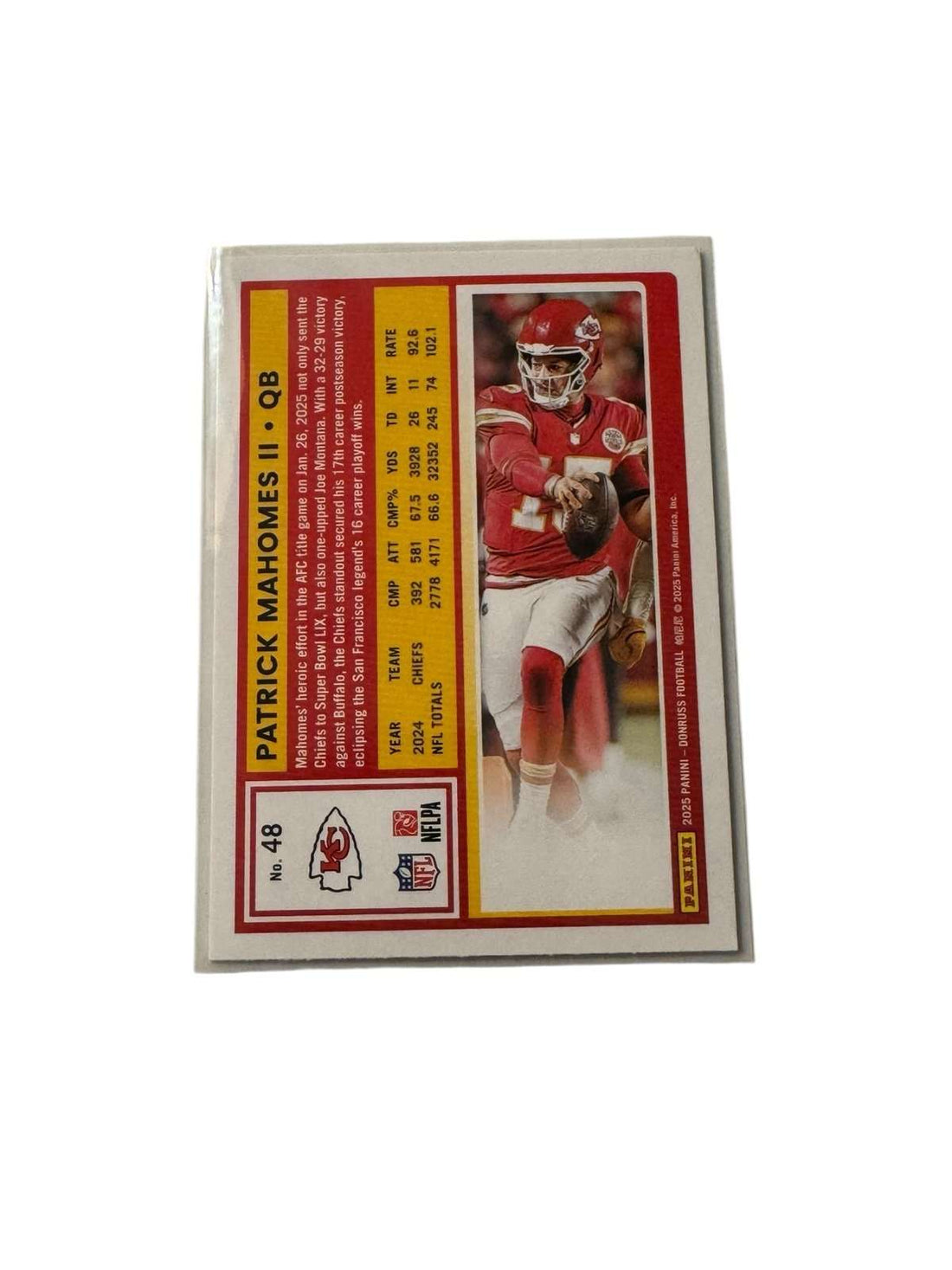 Patrick Mahomes 2025 Donruss football card #48 Kansas City Chiefs quarterback