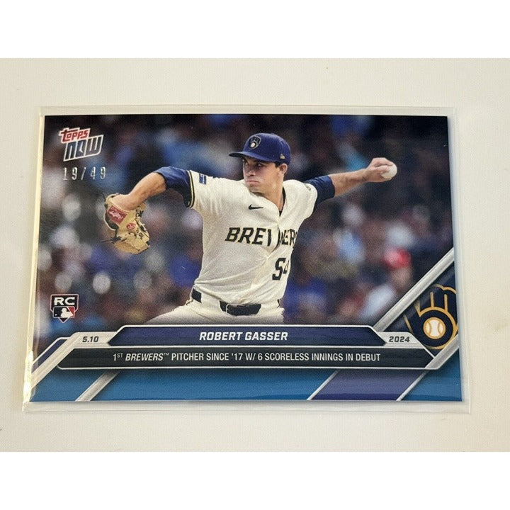 Robert Gasser RC 19/49 2024 Topps Now Milwaukee Brewers rookie baseball card showing Gasser pitching