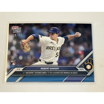 Robert Gasser RC 19/49 2024 Topps Now Milwaukee Brewers rookie baseball card showing Gasser pitching