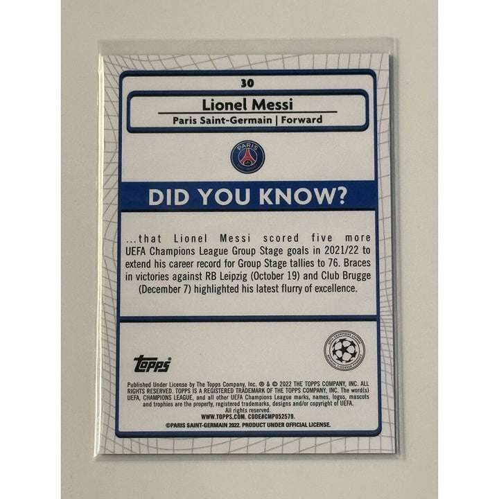 Lionel Messi 2022 Topps Merlin UEFA Champions League Chrome soccer trading card back showing player stats and PSG logo
