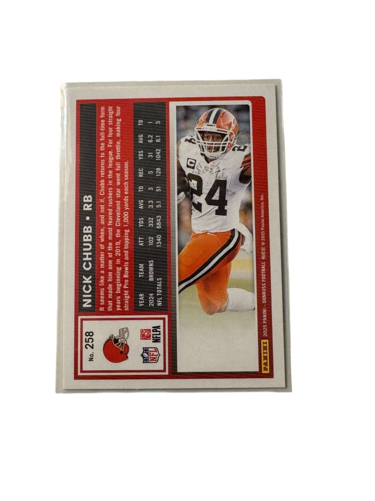 Nick Chubb 2025 Donruss NFL Cleveland Browns RB football card with stats and image