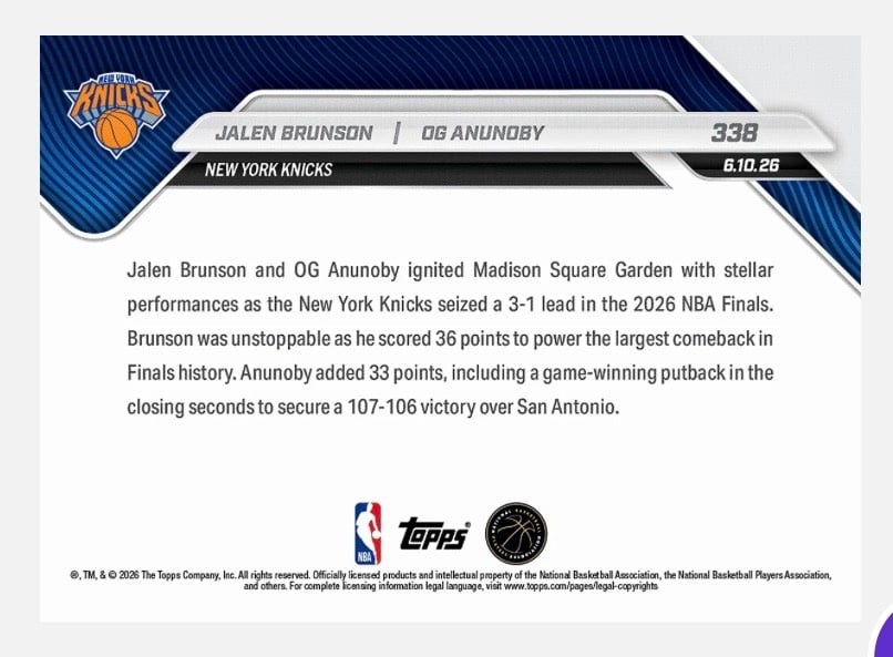 Jalen Brunson OG Anunoby 2026 Topps NOW #338 NBA Finals Knicks Card