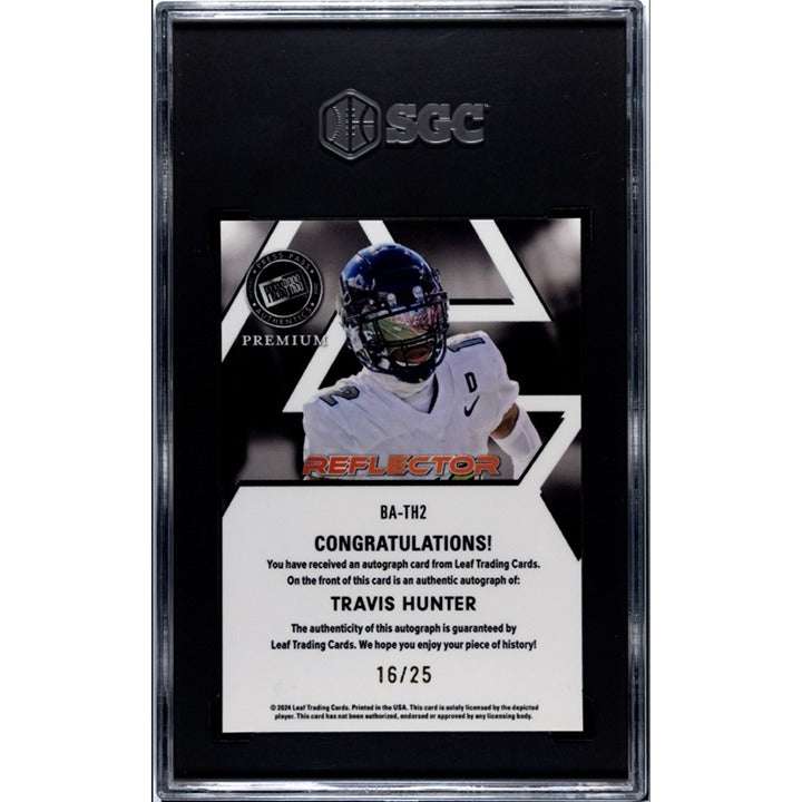 2024 Leaf Press Pass Football Travis Hunter Silver Auto rookie card graded SGC 9.5, limited 16/25 signed card