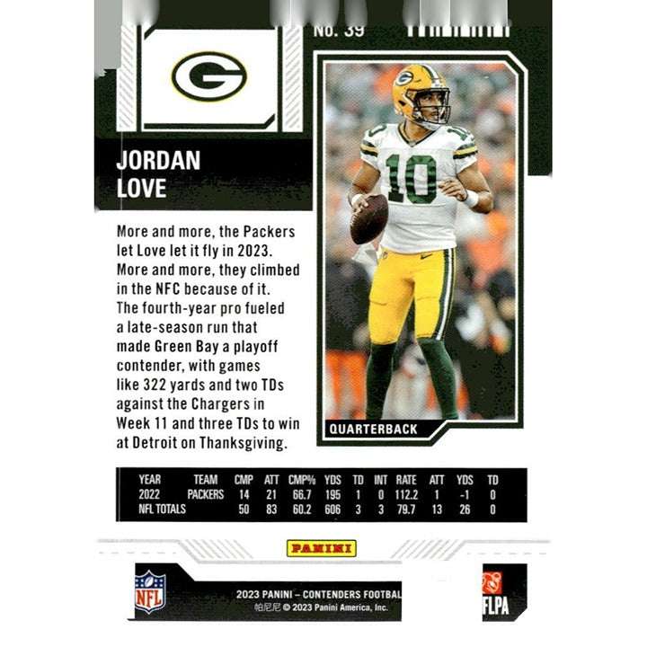 2023 Panini Contenders Jordan Love Game Ticket Red NFL Green Bay Packers card number 39