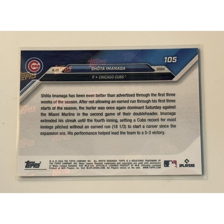 2024 Topps Now Shota Imanaga Chicago Cubs rookie baseball card back view