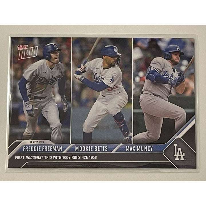 2023 TOPPS NOW LA Dodgers trio baseball card featuring Freddie Freeman, Mookie Betts, and Max Muncy with 100+ RBIs limited edition