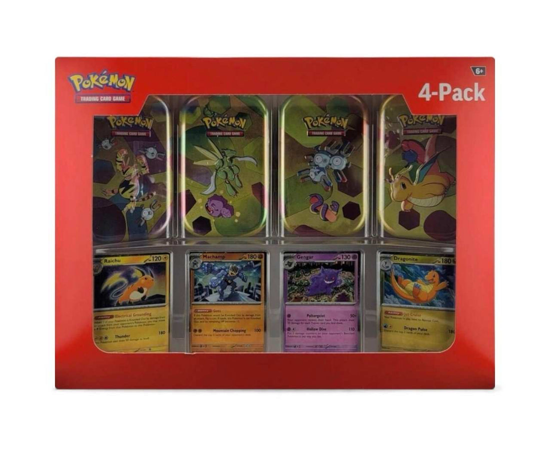 Sam’s Club Exclusive Pokémon TCG 4 Pack Collector Tin Set with Raichu, Machamp, Gengar, and Dragonite cards and booster packs