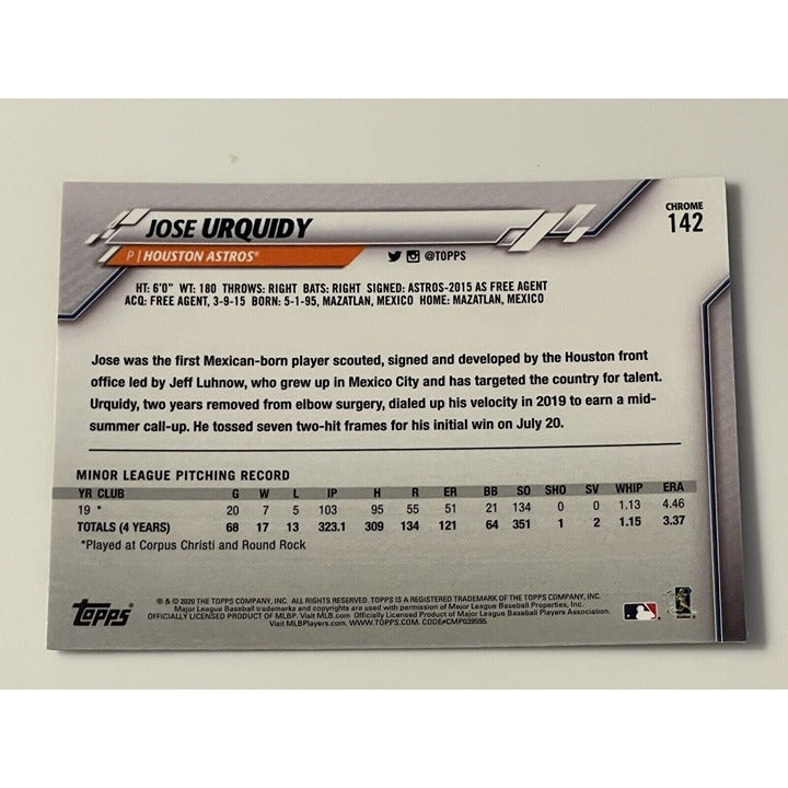Jose Urquidy 2020 Topps Chrome Rookie Card RC #142 MLB Astros detailed stats and bio back view