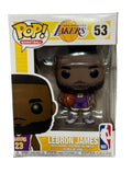 LeBron James Funko Pop figure in purple Lakers jersey holding basketball in display box