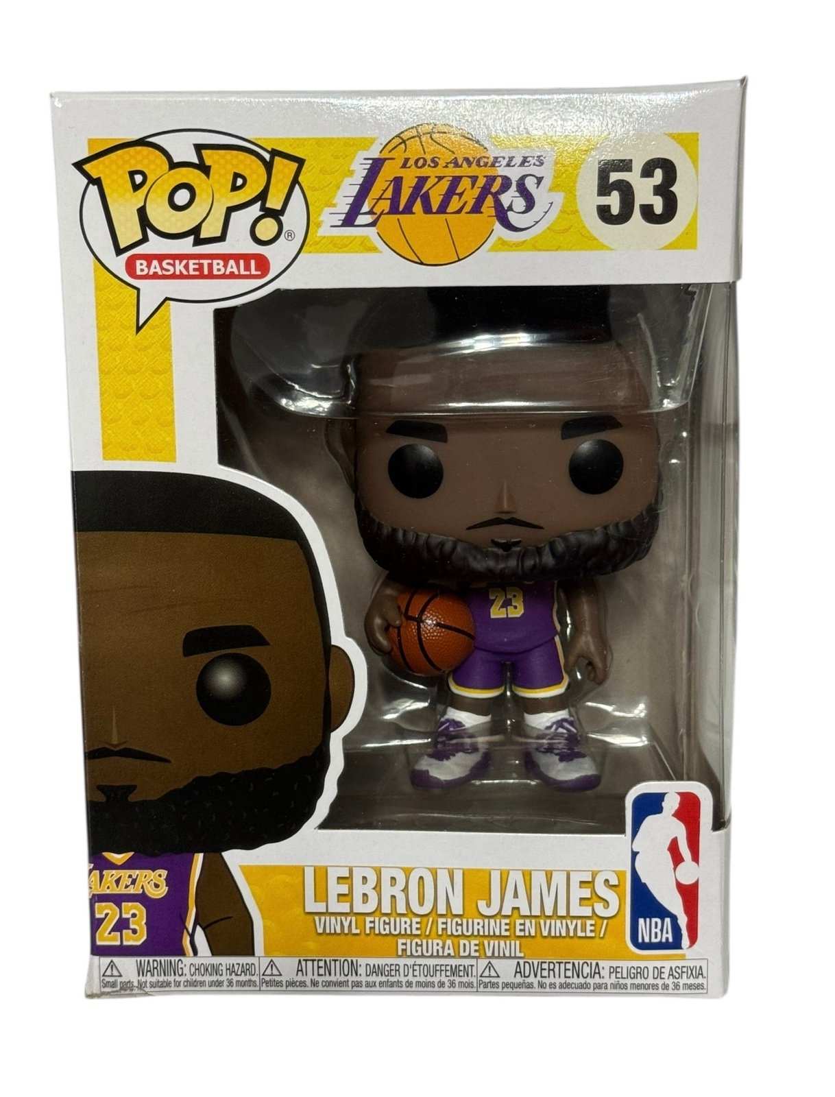 LeBron James Funko Pop figure in purple Lakers jersey holding basketball in display box