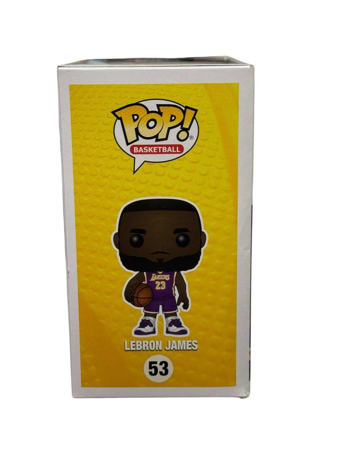 LeBron James Funko Pop 53 Lakers NBA basketball figure with purple jersey in box showing shelf wear