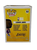 LeBron James Funko Pop 53 Lakers NBA basketball figure in purple jersey with box showing player names and NBA logo