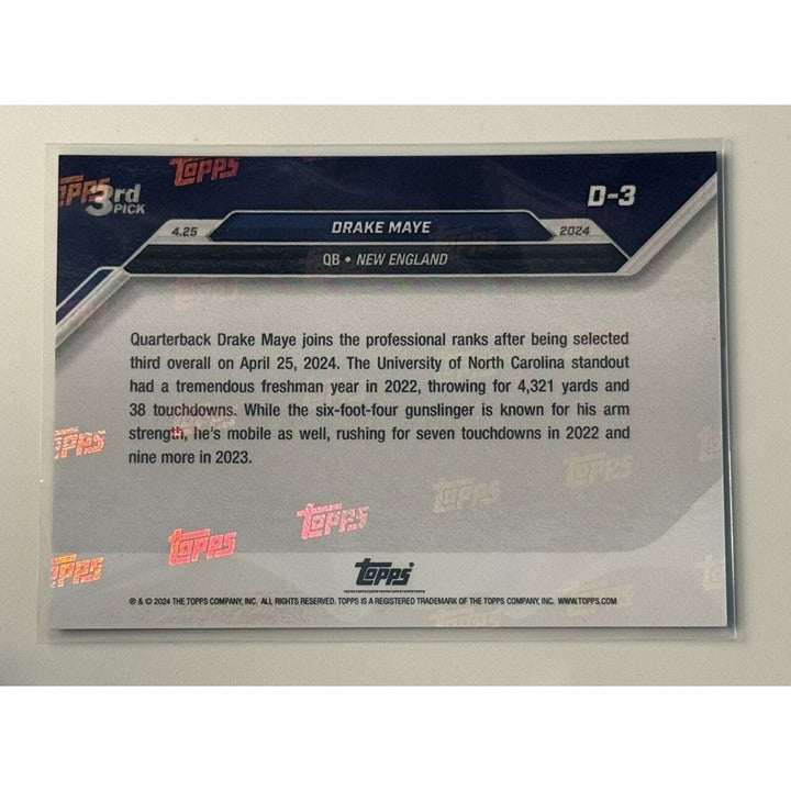 Drake Maye 2024 NFL Draft Topps Now rookie card 3rd pick Patriots in suit