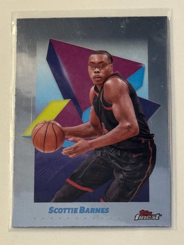 Scottie Barnes 2025 Topps Finest NBA Toronto Raptors basketball trading card with vibrant geometric background.