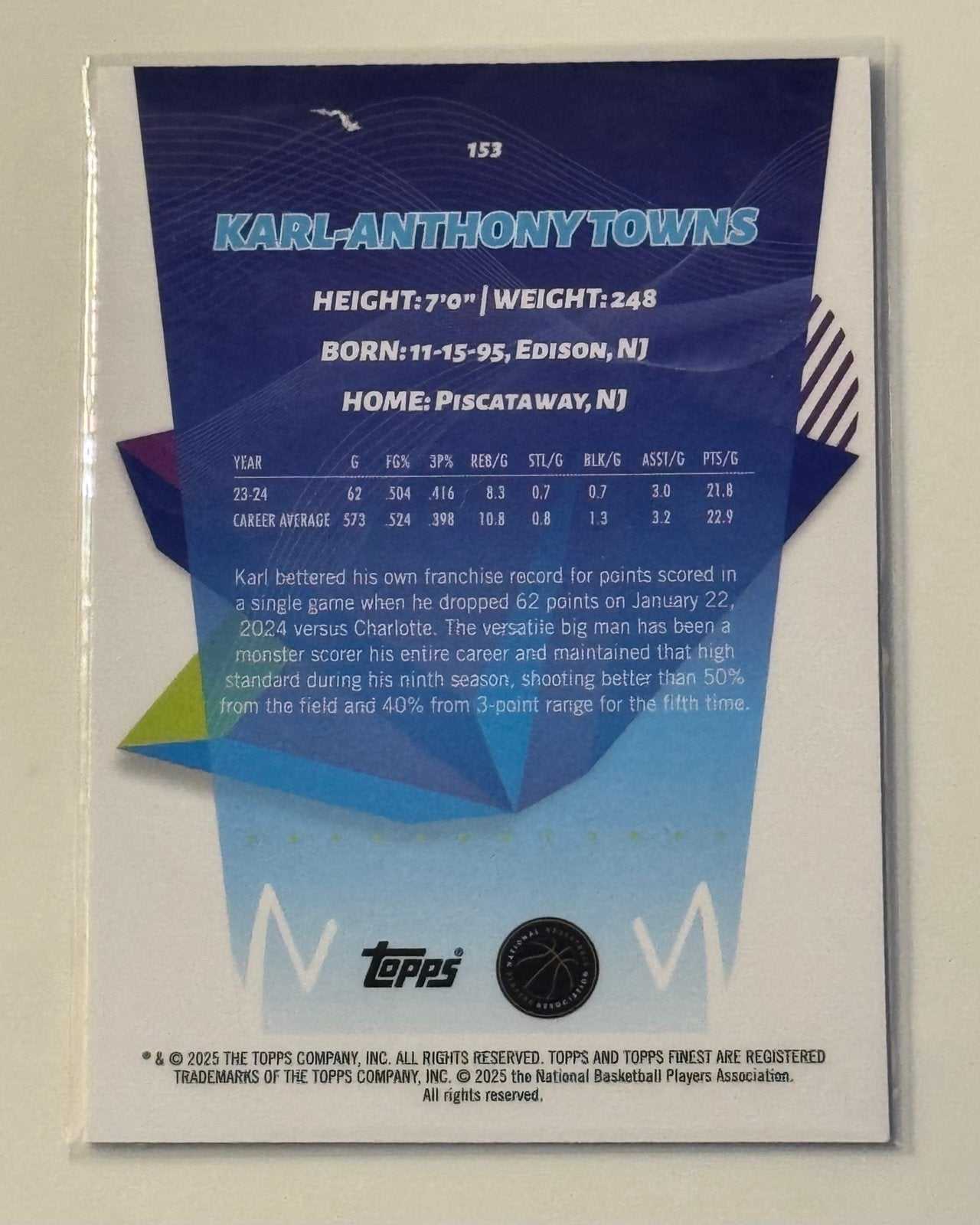 2024-25 Topps Finest Karl-Anthony Towns #153 NBA New York Knicks basketball card back view