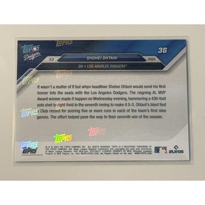 Shohei Ohtani 2024 MLB TOPPS NOW® Card #36 featuring 1st homerun vs Los Angeles Dodgers