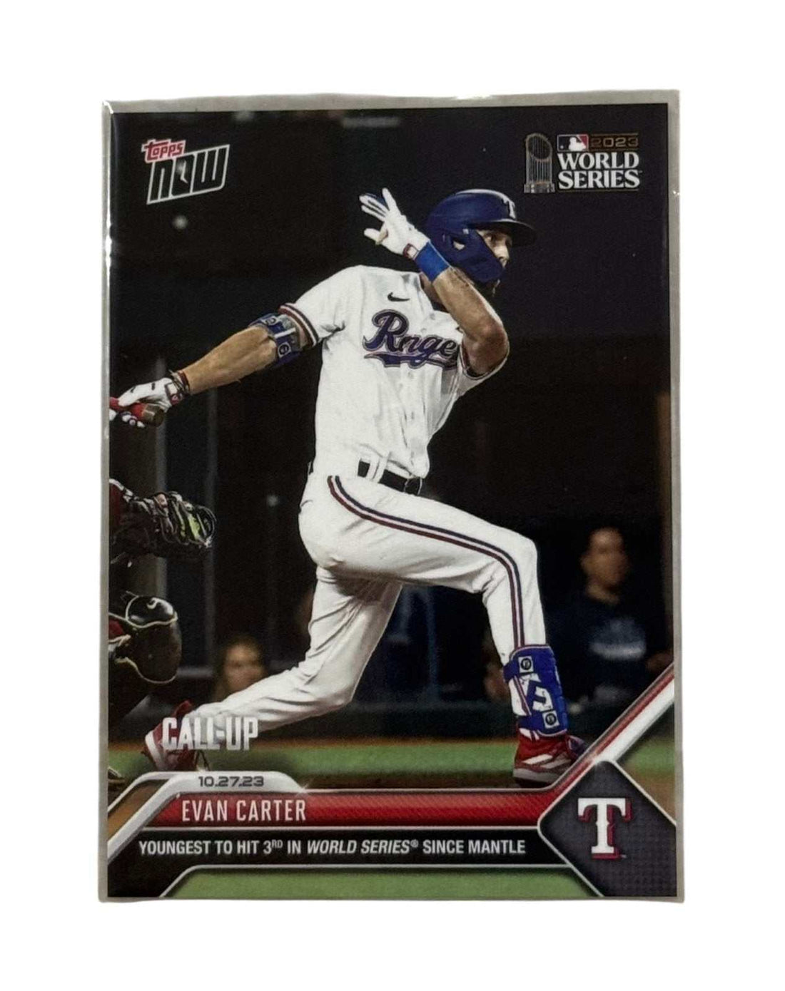 WORLD SERIES Evan Carter Topps NOW Texas Rangers baseball card celebrating youngest player to hit third in World Series since Mantle