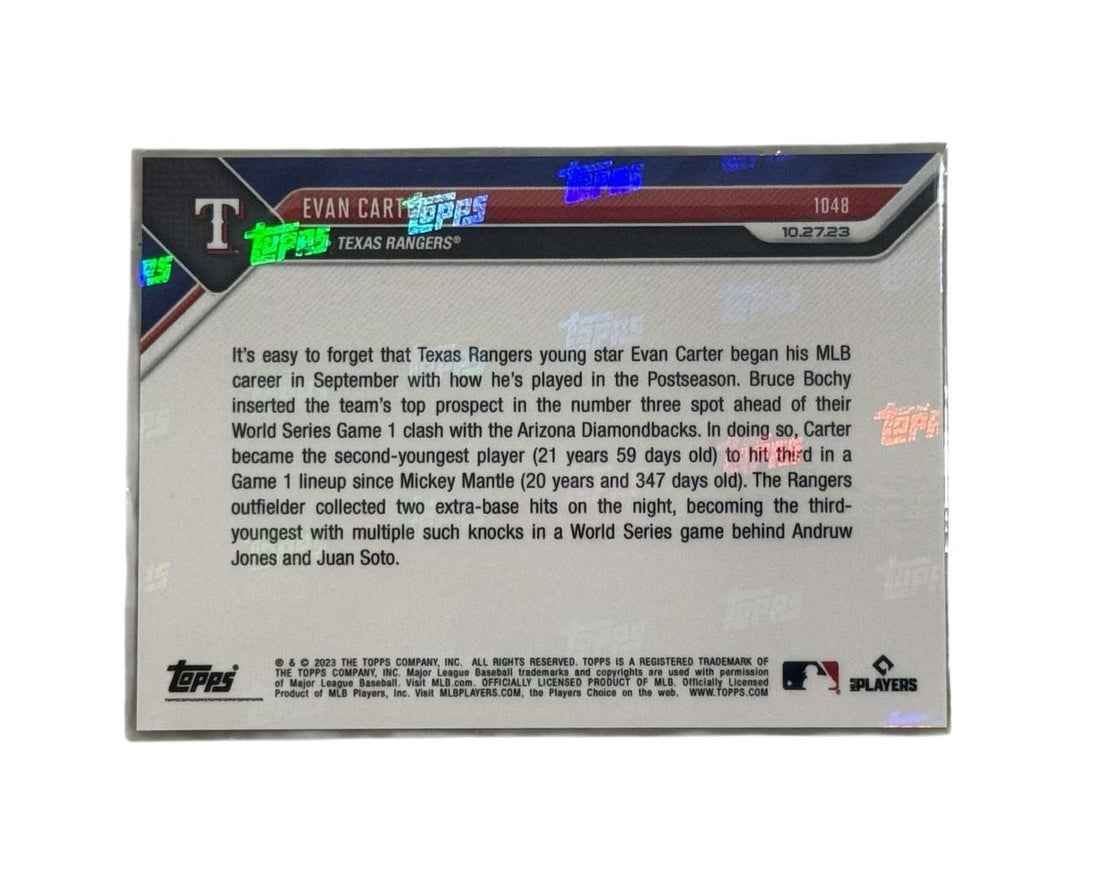 WORLD SERIES Evan Carter Topps NOW Texas Rangers baseball card celebrating youngest player to hit third in World Series since Mantle